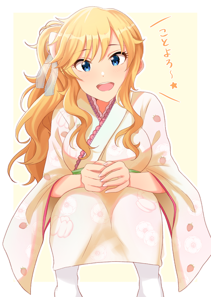 Anime picture 2508x3541 with idolmaster idolmaster cinderella girls idolmaster cinderella girls starlight stage ootsuki yui rrtp single long hair tall image looking at viewer fringe highres breasts open mouth blue eyes blonde hair traditional clothes :d japanese clothes fingernails wide sleeves