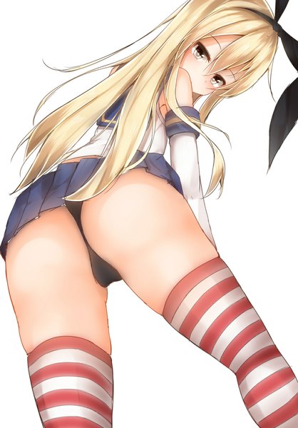 Anime picture 819x1176 with kantai collection shimakaze destroyer mizushina minato single long hair tall image looking at viewer blush light erotic simple background blonde hair white background bare shoulders brown eyes looking back turning head cameltoe girl thighhighs skirt