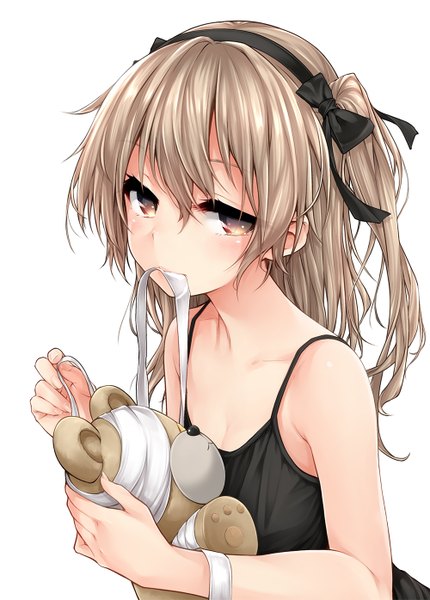 Anime picture 1000x1395 with girls und panzer shimada arisu boko (girls und panzer) harino646 single long hair tall image looking at viewer blush fringe simple background hair between eyes brown hair white background bare shoulders holding brown eyes payot upper body two side up