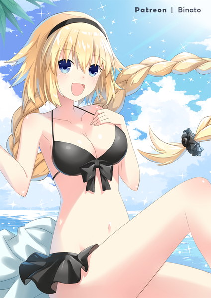 Anime picture 707x1000 with fate (series) fate/grand order jeanne d'arc (fate) (all) jeanne d'arc (swimsuit archer) binato lulu single tall image blush fringe breasts open mouth blue eyes light erotic blonde hair smile hair between eyes sitting bare shoulders signed sky