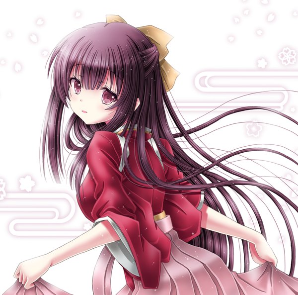 Anime picture 1280x1264 with kantai collection kamikaze destroyer amou yuu single long hair fringe hair between eyes purple eyes purple hair traditional clothes japanese clothes looking back half updo meiji schoolgirl uniform girl bow hair bow hakama