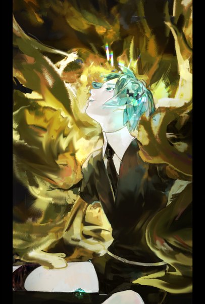 Anime picture 2240x3309 with houseki no kuni phosphophyllite amano41 single tall image highres short hair sitting profile aqua eyes aqua hair looking up androgynous spoilers pillarboxed uniform necktie gold
