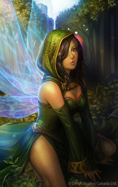 Anime picture 636x1000 with the powerful: nyc (card game) faeline (the powerful: nyc) noa ikeda single long hair tall image looking at viewer fringe black hair fingernails lips hair over one eye orange eyes girl dress plant (plants) detached sleeves wings tree (trees) hood
