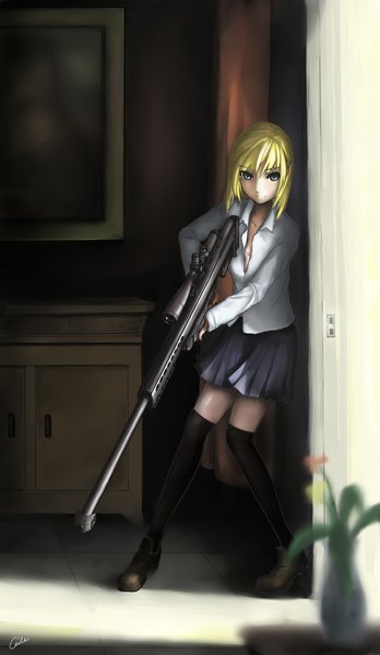 Anime picture 1356x2336 with original ceila (artist) tall image short hair blonde hair black eyes girl thighhighs skirt weapon black thighhighs miniskirt shirt gun room