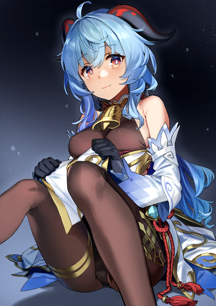 Anime picture 2121x3000 with genshin impact ganyu (genshin impact) 92m single long hair tall image looking at viewer fringe highres breasts light erotic simple background hair between eyes large breasts sitting bare shoulders brown eyes blue hair ahoge horn (horns)