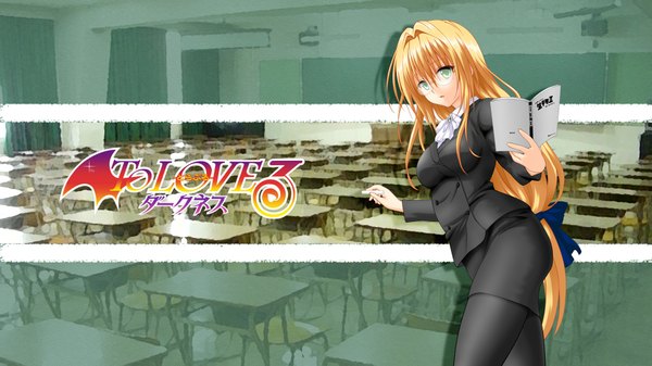 Anime picture 1920x1080 with toloveru darkness tearju lunatique long hair highres blonde hair wide image green eyes teacher girl skirt miniskirt glasses book (books) suit