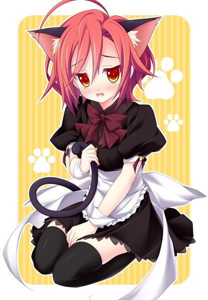 Anime picture 694x1000 with original hisane (takehiro-taira) single tall image blush short hair open mouth red eyes animal ears ahoge red hair tail animal tail cat ears maid cat girl cat tail embarrassed kneeling girl