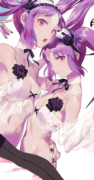 Anime picture 513x980 with fate (series) fate/hollow ataraxia euryale (fate) stheno salmon88 long hair tall image looking at viewer blush fringe breasts open mouth light erotic simple background white background purple eyes twintails multiple girls payot cleavage