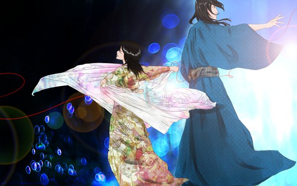 Anime picture 1500x944 with bleach studio pierrot kuchiki rukia kuchiki byakuya nikea777 long hair black hair eyes closed japanese clothes profile from behind couple spread arms back to back girl boy kimono shawl thread red thread