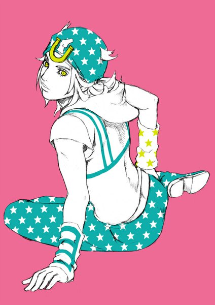 Anime picture 566x800 with jojo no kimyou na bouken steel ball run johnny joestar chounorin single tall image looking at viewer short hair simple background sitting green eyes looking back pink background star print partially colored boy star (symbol) hood cap wristlet