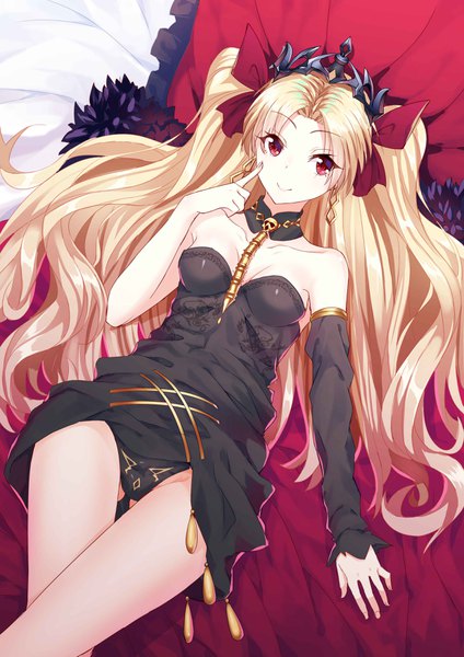 Anime picture 2480x3508 with fate (series) fate/grand order ereshkigal (fate) zhl single long hair tall image looking at viewer fringe highres breasts light erotic blonde hair smile red eyes bare shoulders cleavage lying on back two side up