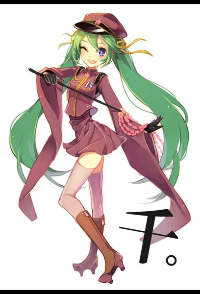 Anime picture 600x881 with vocaloid senbonzakura (vocaloid) hatsune miku siting zeng single tall image looking at viewer open mouth simple background smile white background purple eyes twintails very long hair one eye closed green hair wink wide sleeves hieroglyph girl