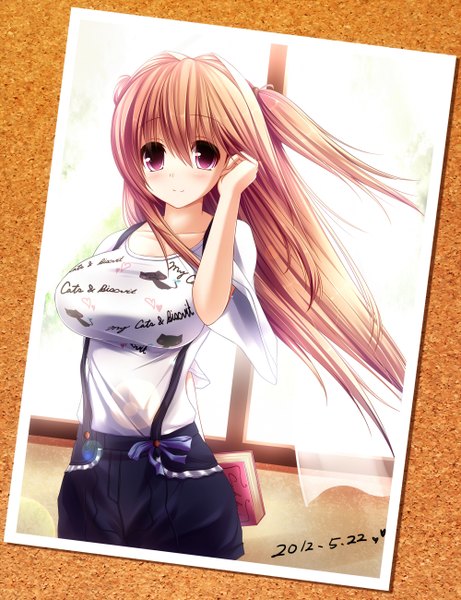 Anime picture 1000x1300 with original syroh single long hair tall image blush brown hair pink eyes girl window book (books)
