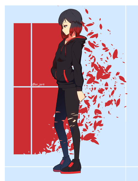 Anime picture 2000x2604 with rwby rooster teeth ruby rose ar jart single tall image highres short hair black hair simple background standing signed full body red hair long sleeves profile multicolored hair grey eyes alternate costume twitter username