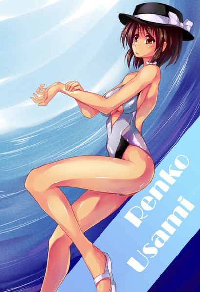 Anime picture 1155x1689 with touhou usami renko maullarmaullar single tall image short hair light erotic brown hair brown eyes girl swimsuit shoes headdress