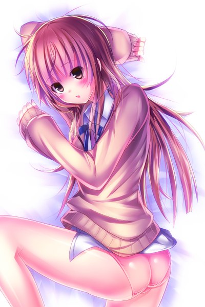 Anime picture 2000x3000 with original kazegayu (artist) long hair tall image looking at viewer blush highres open mouth light erotic brown hair brown eyes ass lying girl underwear panties sweater