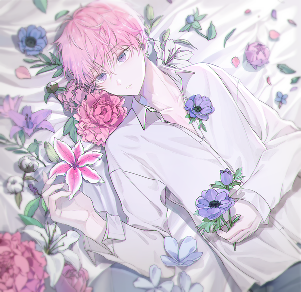 Anime picture 2500x2427 with original ppyono single fringe highres short hair hair between eyes purple eyes holding looking away pink hair upper body lying on back boy flower (flowers) shirt petals white shirt lily (flower)