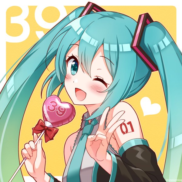 Anime picture 1139x1139 with vocaloid hatsune miku snowmi single long hair blush open mouth twintails upper body one eye closed aqua eyes wink aqua hair border ;d yellow background 39 girl detached sleeves necktie