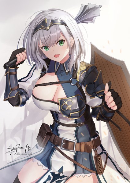 Anime-Bild 850x1200 mit virtual youtuber hololive shirogane noel shirogane noel (1st costume) skyrail (skynetrailgun) single tall image short hair breasts open mouth light erotic large breasts green eyes signed cleavage silver hair :d mole mole on breast girl
