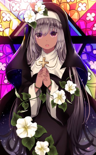 Anime picture 1276x2048 with original kuro namako single long hair tall image looking at viewer fringe open mouth standing holding payot indoors pink eyes grey hair hair over one eye wide sleeves gradient hair hands clasped interlocked fingers nun