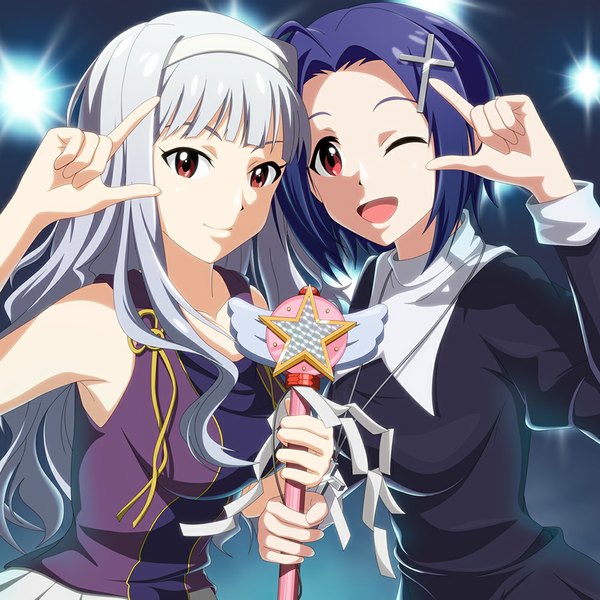 Anime picture 1000x1000 with idolmaster idolmaster (classic) shijou takane miura azusa kouchou long hair short hair open mouth red eyes bare shoulders multiple girls blue hair silver hair :d one eye closed light smile wink nagi (cosplay) zange (cosplay) girl