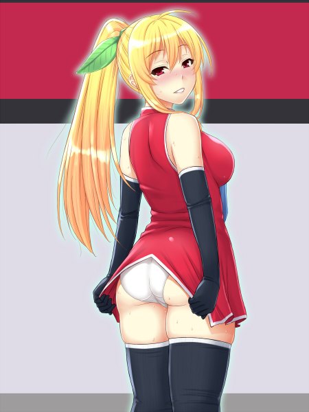 Anime picture 900x1200 with original kuimono (artist) single long hair tall image blush light erotic blonde hair red eyes ass ponytail girl thighhighs gloves underwear panties black thighhighs elbow gloves
