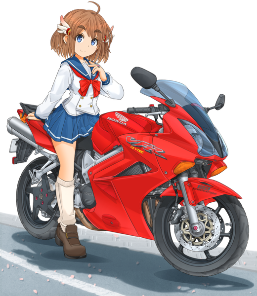 Anime picture 1200x1385 with bakuon!! honda sakura hane mikeran (mikelan) single tall image looking at viewer fringe short hair blue eyes simple background smile brown hair white background sitting full body ahoge pleated skirt arm support shadow