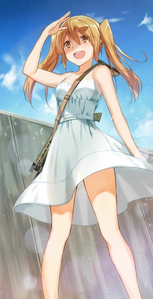 Anime picture 512x1000 with original cccpo single long hair tall image fringe open mouth blonde hair standing twintails brown eyes sky cloud (clouds) wind sunlight happy girl dress weapon gun