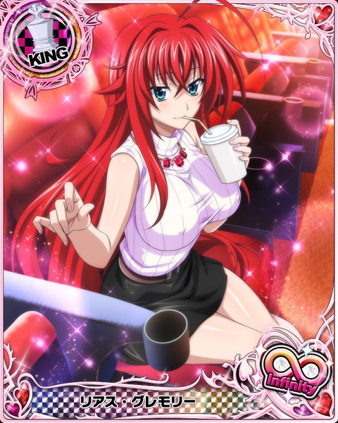 Anime picture 640x800 with highschool dxd rias gremory single tall image breasts blue eyes light erotic large breasts sitting red hair very long hair card (medium) drinking girl skirt black skirt drink turtleneck disposable cup