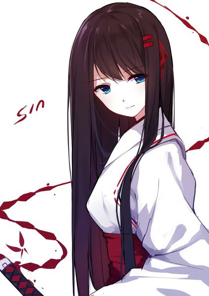 Anime picture 700x990 with original sin (caidychen) caidychen single long hair tall image blue eyes black hair simple background white background looking away traditional clothes japanese clothes inscription jpeg artifacts girl hair ornament weapon sword kimono