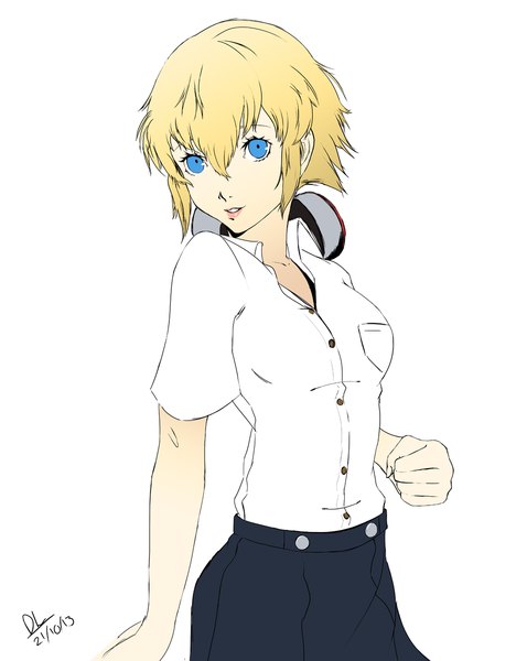 Anime picture 957x1200 with persona 3 persona aegis dh (brink of memories) single tall image looking at viewer short hair blue eyes simple background blonde hair white background signed open collar girl skirt shirt white shirt headphones