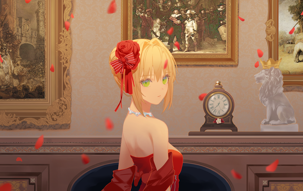 Anime picture 4600x2906 with fate (series) fate/grand order fate/extra nero claudius (fate) (all) nero claudius (fate) tr (hareru) single highres short hair blonde hair green eyes looking away absurdres upper body indoors looking back girl hair ornament petals clock