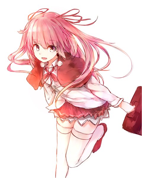 Anime picture 1200x1500 with original silver (chenwen) single long hair tall image fringe open mouth simple background hair between eyes white background pink hair bent knee (knees) pink eyes two side up zettai ryouiki girl thighhighs ribbon (ribbons) hair ribbon white thighhighs
