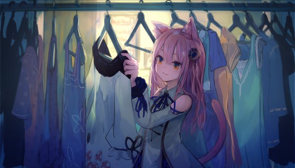 Anime picture 1200x685 with original makihitsuji single long hair blush fringe smile hair between eyes wide image standing bare shoulders animal ears payot looking away pink hair upper body indoors tail animal tail cat ears