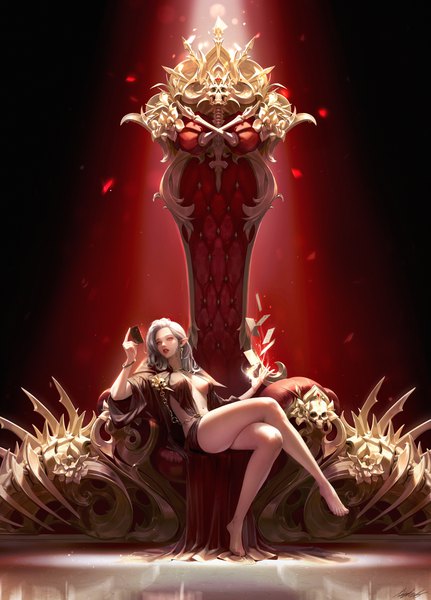 Anime picture 4959x6897 with original lizchief single long hair tall image looking at viewer fringe highres breasts light erotic simple background large breasts sitting holding absurdres full body bent knee (knees) parted lips barefoot pointy ears