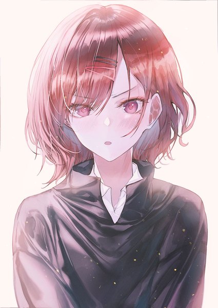 Anime picture 1000x1411 with idolmaster idolmaster shiny colors higuchi madoka apraxia single tall image blush short hair open mouth simple background brown hair white background purple eyes upper body mole :o mole under eye girl hairclip bobby pin