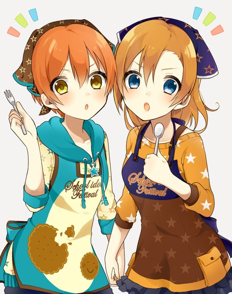 Anime picture 800x1011 with love live! school idol project sunrise (studio) love live! kousaka honoka hoshizora rin chisumi tall image looking at viewer blush short hair open mouth blue eyes simple background brown hair white background multiple girls yellow eyes nail polish orange hair holding hands