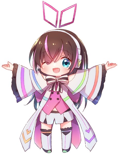 Anime picture 2120x2788 with kizuna no allele a.i. channel kizuna ai nyaa (nnekoron) single long hair tall image looking at viewer blush highres open mouth blue eyes simple background smile standing white background full body one eye closed wink wide sleeves
