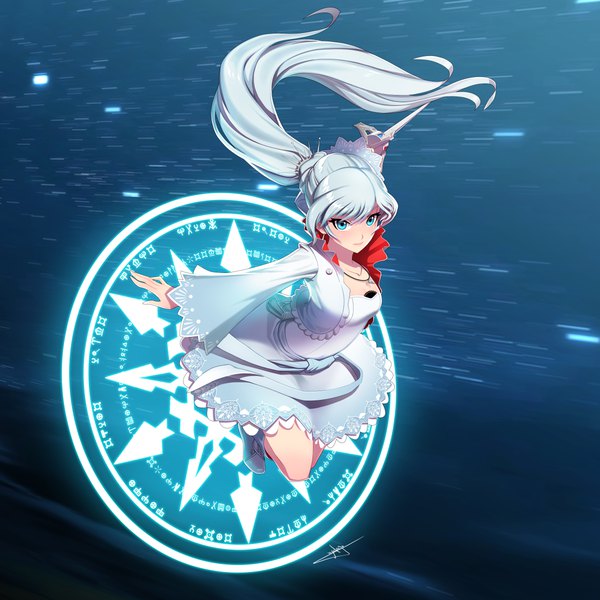 Anime picture 6000x6000 with rwby rooster teeth weiss schnee uyalago single long hair looking at viewer fringe highres blue eyes signed absurdres silver hair full body ponytail long sleeves floating hair magic blue background girl
