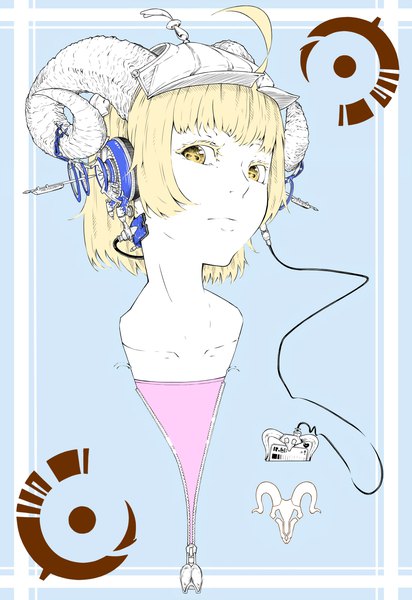 Anime picture 1100x1600 with original jaco single tall image looking at viewer fringe short hair simple background blonde hair yellow eyes upper body ahoge horn (horns) blue background logo blending girl headdress headphones wire (wires)