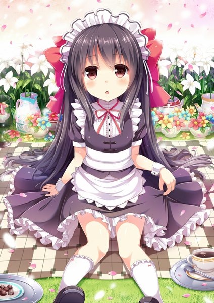 Anime picture 800x1131 with original noe noel single long hair tall image looking at viewer blush open mouth black hair red eyes loli girl dress flower (flowers) bow hair bow petals socks white socks