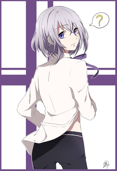 Anime picture 800x1164 with touken ranbu nitroplus honebami toushirou na yeon single tall image looking at viewer fringe short hair simple background hair between eyes standing purple eyes signed silver hair looking back from behind ? boy shirt