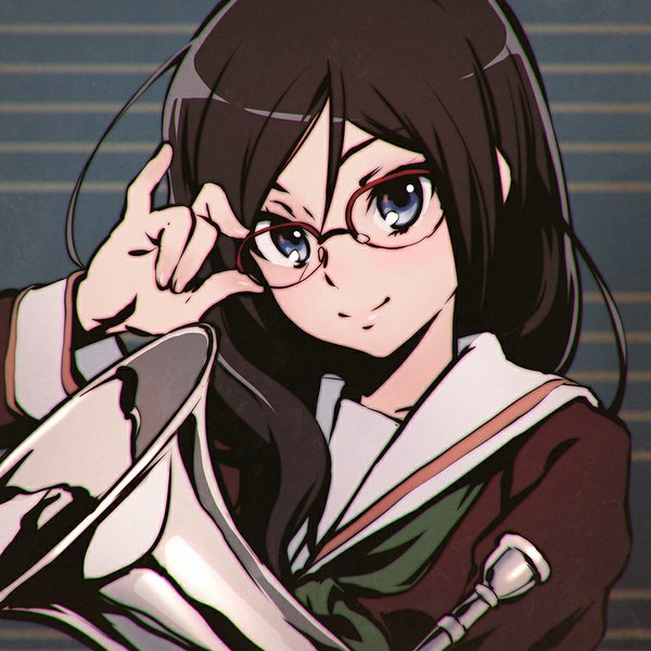 Anime picture 900x900 with hibike! euphonium kyoto animation tanaka asuka ilya kuvshinov single long hair looking at viewer blush blue eyes smile brown hair portrait adjusting glasses girl uniform glasses serafuku musical instrument euphonium