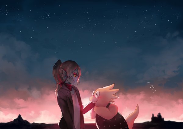 Anime picture 1280x906 with undertale undyne (undertale) alphys (undertale) stephanie lee long hair blush smile brown hair multiple girls yellow eyes upper body ponytail tail profile night open jacket teeth night sky shoujo ai eyeshadow