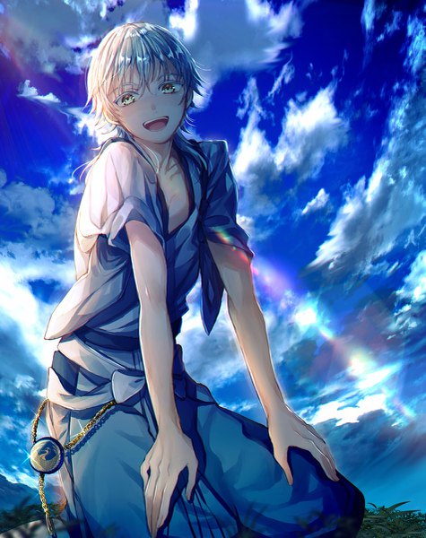 Anime picture 951x1200 with touken ranbu nitroplus tsurumaru kuninaga abandon ranka single long hair tall image looking at viewer open mouth yellow eyes sky silver hair cloud (clouds) from below leaning leaning forward boy