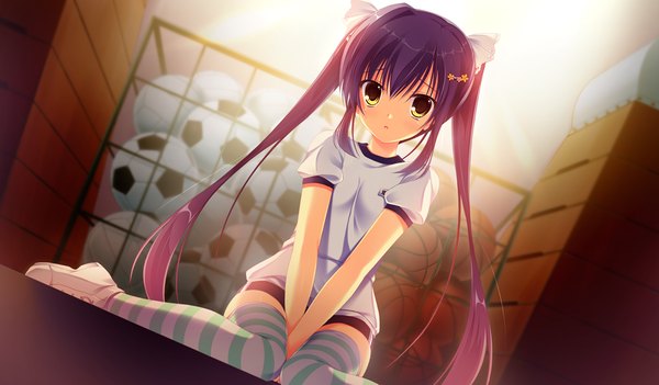 Anime picture 1024x600 with da capo iii rukawa sara takano yuki (allegro mistic) long hair blush wide image twintails yellow eyes blue hair game cg purple hair gym storeroom girl thighhighs uniform striped thighhighs gym uniform ball soccer ball vaulting horse