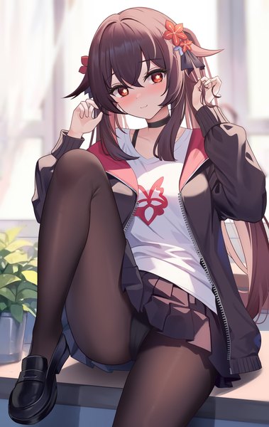 Anime picture 2234x3537 with genshin impact hu tao (genshin impact) icwine single long hair tall image blush fringe highres light erotic hair between eyes red eyes brown hair sitting holding signed indoors long sleeves pleated skirt hair flower