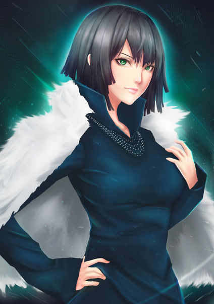 Anime picture 992x1403 with one-punch man madhouse fubuki (one-punch man) ikhwan maulana single tall image looking at viewer short hair black hair green eyes girl dress fur