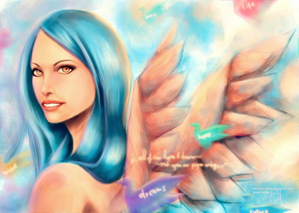 Anime picture 1200x857 with original d3athb3rrymon (artist) single long hair looking at viewer smile bare shoulders brown eyes blue hair inscription teeth lipstick girl