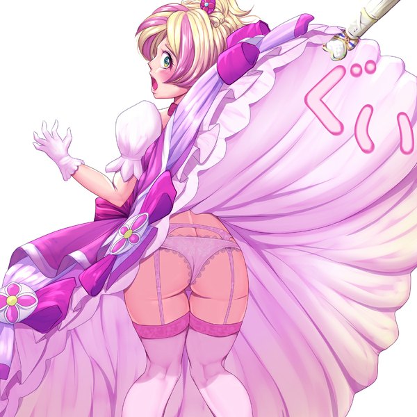 Anime picture 1199x1199 with precure go! princess precure toei animation haruno haruka cure flora harihisa single blush short hair open mouth light erotic simple background blonde hair white background green eyes pink hair ass looking back from behind skirt lift